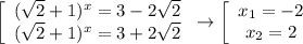 \left[\begin{array}{ccc}(\sqrt{2}+1)^x=3-2\sqrt{2}\\(\sqrt{2}+1)^x=3+2\sqrt{2}\end{array}\right\to \left[\begin{array}{ccc}x_1=-2\\x_2=2\end{array}\right