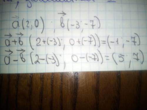 Даны вектора а(2; 0); в(-3; -7) найти а+в а-в