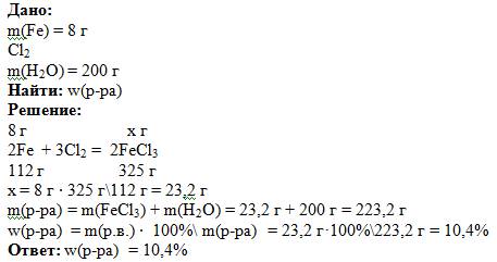 При реакции железа массой 8 г. с хлором получили хлорид железа(3),который растворили в воде массой 2