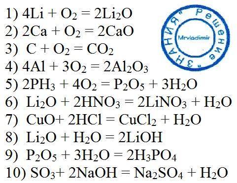 Составьте уравнение реакций, схемы которых даны ниже: 1) li+=li2o 2)ca+=cao 3)c+=co2 4)al+=al2o3 5)p