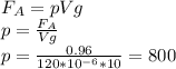 F_A=pVg \\ p= \frac{F_A}{Vg} \\ p= \frac{0.96}{120*10^{-6}*10} = 800