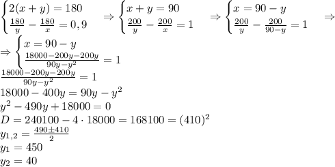 \begin{cases}2(x+y)=180\\\frac{180}y-\frac{180}x=0,9\end{cases}\Rightarrow\begin{cases}x+y=90\\\frac{200}y-\frac{200}x=1\end{cases}\Rightarrow\begin{cases}x=90-y\\\frac{200}y-\frac{200}{90-y}=1\end{cases}\Rightarrow\\\Rightarrow\begin{cases}x=90-y\\\frac{18000-200y-200y}{90y-y^2}=1\end{cases}\\\frac{18000-200y-200y}{90y-y^2}=1\\18000-400y=90y-y^2\\y^2-490y+18000=0\\D=240100-4\cdot18000=168100=(410)^2\\y_{1,2}=\frac{490\pm410}{2}\\y_1=450\\y_2=40