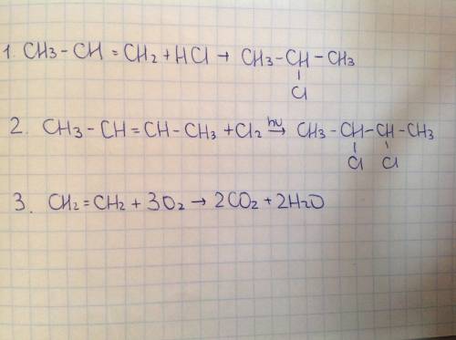 Написать уравнение реакции и написать продукт 1. пропен с хлороводородом 2. бутен-2 с хлором 3. горе