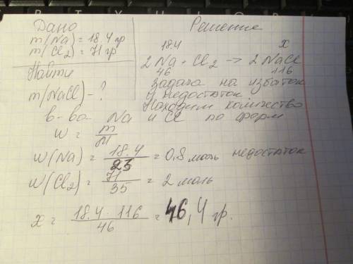 Какая масса хлорида натрия образуется в результате взаимодействия 18, 4 гр. натрия и 71 гр. хлора
