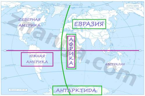 Определите по карте,какие материки пересекаются нулевым (гринвичским) меридианом и какие - экватором
