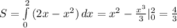 S= \int\limits^2_0 {(2x-x^2)} \, dx =x^2- \frac{x^3}{3} |^2_0= \frac{4}{3}