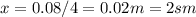 x=0.08/4=0.02m=2sm