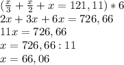 ( \frac{x}{3} + \frac{x}{2} +x=121,11)*6 \\ 2x+3x+6x=726,66 \\ 11x=726,66 \\ x=726,66:11 \\ x=66,06