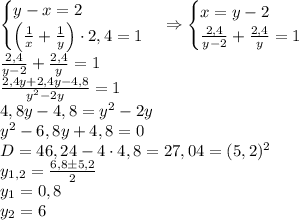 \begin{cases}y-x=2\\\left(\frac1x+\frac1y\right)\cdot2,4=1\end{cases}\Rightarrow\begin{cases}x=y-2\\\frac{2,4}{y-2}+\frac{2,4}y=1\end{cases}\\\frac{2,4}{y-2}+\frac{2,4}y=1\\\frac{2,4y+2,4y-4,8}{y^2-2y}=1\\4,8y-4,8=y^2-2y\\y^2-6,8y+4,8=0\\D=46,24-4\cdot4,8=27,04=(5,2)^2\\y_{1,2}=\frac{6,8\pm5,2}2\\y_1=0,8\\y_2=6