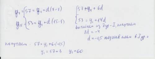 Найдите первый член и разность арифметической прогрессии если y7=57 y15=53