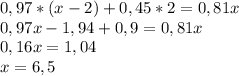 0,97*(x-2)+0,45*2=0,81x\\0,97x-1,94+0,9=0,81x\\0,16x=1,04\\x=6,5