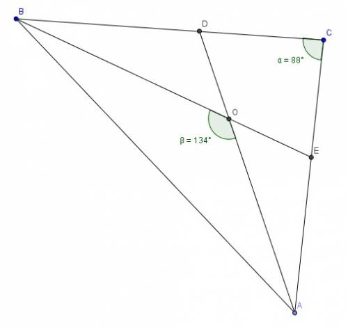 Втреугольнике авс угол с =88°,ad и ве- биссектрисы. пересекающиеся в точке о. найдите угол аов. отве