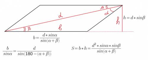 Іть будь ! одна з діагоналей паралелограма дорівнює d і поділяє його гострий кут на кути α і β визна