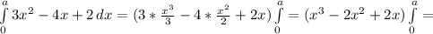 \int\limits^a_0 {3 x^{2} -4x+2} \, dx =(3* \frac{ x^{3} }{3} -4* \frac{ x^{2} }{2} +2x) \int\limits^a_0=( x^{3} -2 x^{2} +2x) \int\limits^a_0=