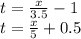 t = \frac{x}{3.5} - 1 \\ t = \frac{x}{5} + 0.5 \\