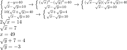 \left \{ {{x-y=40} \atop { \sqrt{x} - \sqrt{y}=10 }} \right.\to \left \{ {{( \sqrt{x} )^2-(\sqrt{y})^2=40} \atop { \sqrt{x} -\sqrt{y}=10}} \right.\to \left \{ {{( \sqrt{x} -\sqrt{y})( \sqrt{x} +\sqrt{y})=40} \atop { \sqrt{x} -\sqrt{y}=10}} \right. \\ \left \{ {{10( \sqrt{x} +\sqrt{y})=40 \atop { \sqrt{x} -\sqrt{y}=10}} \right.\to \left \{ {{ \sqrt{x} +\sqrt{y}=4} \atop { \sqrt{x} -\sqrt{y}=10} \right. \\ 2 \sqrt{x} =14 \\ \sqrt{x} =7 \\ x=49 \\ \sqrt{y}+7=4 \\ \sqrt{y}=-3