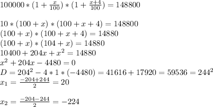 100000*(1+ \frac{x}{100})*(1+ \frac{x+4}{100})=148800\\\\&#10;10*(100+ x)*(100+ x+4)=148800\\&#10;(100+ x)*(100+ x+4)=14880\\&#10;(100+ x)*(104+ x)=14880\\&#10;10400+204x+x^2=14880\\&#10;x^2+204x-4480=0\\&#10;D=204^2-4*1*(-4480)=41616+17920=59536=244^2\\&#10; x_{1}= \frac{-204+244}{2}=20\\\\&#10;x_{2}= \frac{-204-244}{2}=-224\\\\