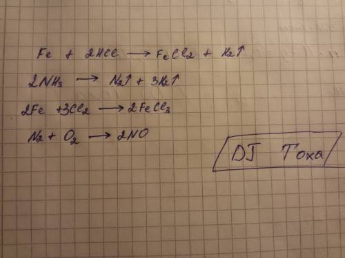 Расставьте коэффициенты в ниже схемах реакций: fe + hci → feci2 + h2; nh3 → n2 + h2 ; fe +ci2 → feci