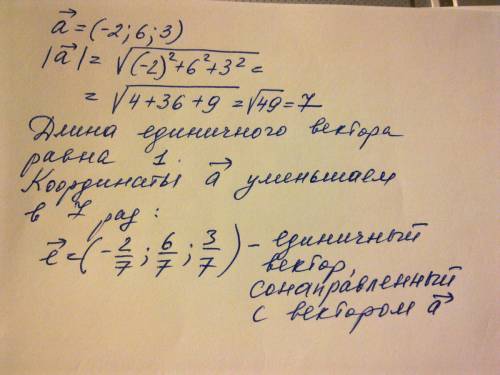 Найдите координаты единичного вектора, сонаправленного с вектором a(-2; 6; 3)