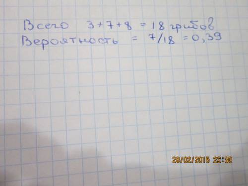 Укошику лежать 3 білі гриби 7 сироїжок і 8 маслюків. яка ймовірність того, що навмання вийнятий гриб