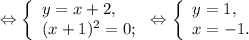 \Leftrightarrow\left \{ \begin{array}{lcl} {{y=x+2}, \\ {(x+1)^{2}=0; }} \end{array} \right.\Leftrightarrow\left \{ \begin{array}{lcl} {{y=1,} \\ {x=-1}.} \end{array} \right.