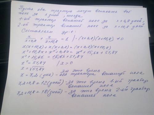 Два трактора могут вспахать поле на 4,8 дня быстрее, чем один первый, и на 10,8 дня быстрее, чем оди