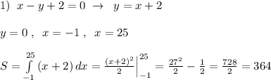 1)\; \; x-y+2=0\; \p \to \; \; y=x+2\\\\y=0\; ,\; \; x=-1\; ,\; \; x=25\\\\S=\int\limits^{25}_{-1}\, (x+2)\, dx=\frac{(x+2)^2}{2}\Big |_{-1}^{25}=\frac{27^2}{2}-\frac{1}{2}=\frac{728}{2}=364