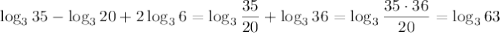 \log_335-\log_320+2\log_36=\log_3 \dfrac{35}{20} +\log_336=\log_3 \dfrac{35\cdot 36}{20} =\log_363