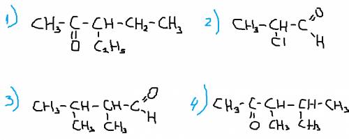 Нужно составить структурные формулы: 1) 3-этилпентанон-2 2) 2-хлорпропаналя 3) 2,3-диметилбутаналя 4
