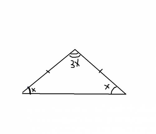 Знайдіть кути рівнобедреного тоикутника,якщо його кут при вершині втричі більлий від кута при основі
