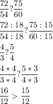 \displaystyle \frac{72}{54} ? \frac{75}{60} \\\\\frac{72:18}{54:18} ? \frac{75:15}{60:15} \\\\\frac{4}{3} ? \frac{5}{4} \\\\\frac{4*4}{3*4} ? \frac{5*3}{4*3}\\\\\frac{16}{12} \frac{15}{12}