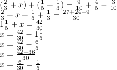 ( \frac{2}{3} +x)+( \frac{1}{5} + \frac{1}{3} )= \frac{9}{10} + \frac{4}{5} - \frac{3}{10} \\ \frac{2}{3} +x+ \frac{1}{5} + \frac{1}{3} = \frac{27+24-9}{30} \\ 1 \frac{1}{5} +x= \frac{42}{30} \\ x= \frac{42}{30} -1 \frac{1}{5} \\ x= \frac{42}{30} - \frac{6}{5} \\ x= \frac{42-36}{30} \\ x= \frac{6}{30} = \frac{1}{5}