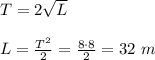 T=2 \sqrt{L} \\ \\ L= \frac{T^2}{2}= \frac{8\cdot 8}{2} =32\,\, m