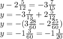 y-2 \frac{5}{12} =-3 \frac{7}{15} \\ y=-3 \frac{7}{15}+2 \frac{5}{12} \\ y=-(3 \frac{28}{60} -2 \frac{25}{60} ) \\ y=-1 \frac{3}{60} =-1 \frac{1}{20}