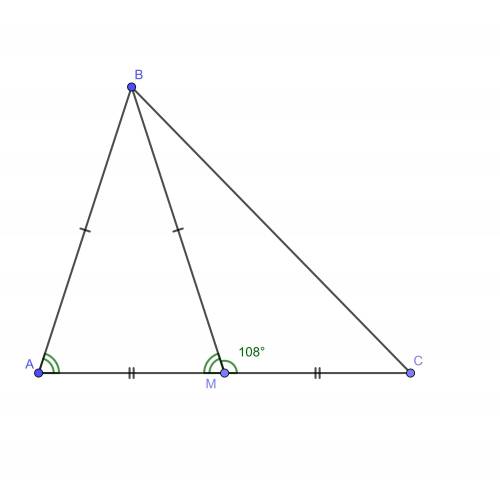 Втреугольнике abc проведена медиана bm причем , bm=ab. bmc=108 . тогда bam равен
