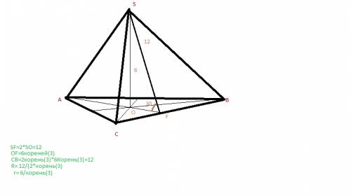 Все двугранные углы при основании треугольной пирамиды равны 30. найдите радиус круга, вписанного в