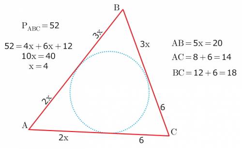 Периметр треугольника авс, описанного около окружности, равен 52 см. т очка касания со стороной ав д