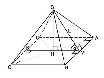 Апофема правильной четырехугольной пирамиды равна l, и образует с плоскостью основания пирамиды угол