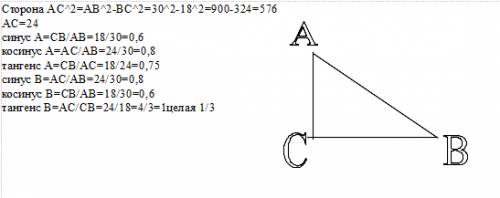 Впрямоугольном треугольнике авс с прямым углом с ав=30,вс=18 найти синус косинус и тангенс углов а и