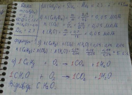 Згоріла органічна речовина масою 2,3 г. утворився co2 об'ємом 1,12 л і вода масою 0,9 г. густина пар