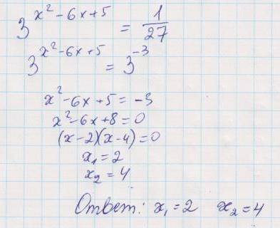 1. 3^x^(2-6x+5)=1/27 2. 2^(x+3)+8=0 3. 5^(x-2)=100 4. 3^(x+2)-3^x=216