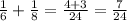 \frac{1}{6} + \frac{1}{8} = \frac{4+3}{24}= \frac{7}{24}