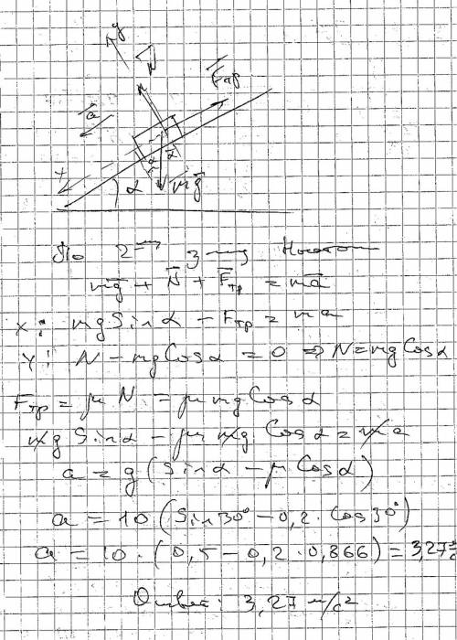 Скаким ускорением скользит тело по наклону плоскости с углом альфа = 30 ° при м = 0.2 ?