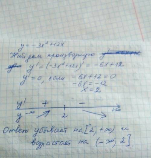 Сделать найти промежутки возрастания и убывания функции: y=-3x²+12x на примере, который сейчас на ка