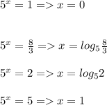 5^{x}=1 = x=0 \\ \\ &#10;&#10;5^{x}=\frac{8}{3}= x= log_{5}\frac{8}{3} \\ \\ &#10; 5^{x} =2 = x= log_{5}2 \\ \\ 5^{x}=5 = x=1 \\