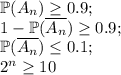 \mathbb{P}(A_n) \geq 0.9;\\&#10;1-\mathbb{P}(\overline{A_n}) \geq 0.9;\\&#10;\mathbb{P}(\overline{A_n}) \leq 0.1;\\&#10;2^{n} \geq 10