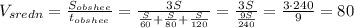 V_{sredn}=\frac{S_{obshee}}{t_{obshee}}=\frac{3S}{\frac{S}{60}+\frac{S}{80}+\frac{S}{120}}=\frac{3S}{\frac{9S}{240}}=\frac{3\cdot 240}{9}=80