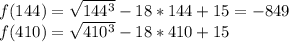 f(144)= \sqrt{144^{3}} -18*144+15 = -849 \\ f(410) = \sqrt{410^{3}} - 18*410 + 15