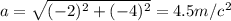 a = \sqrt{(-2)^2+(-4)^2}=4.5 m/c^2