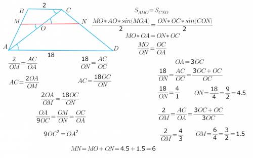 Дана трапеция abcd c основаниями ad=18 и bc=2. точки m и n лежат на сторонах ab и cd соответственно,